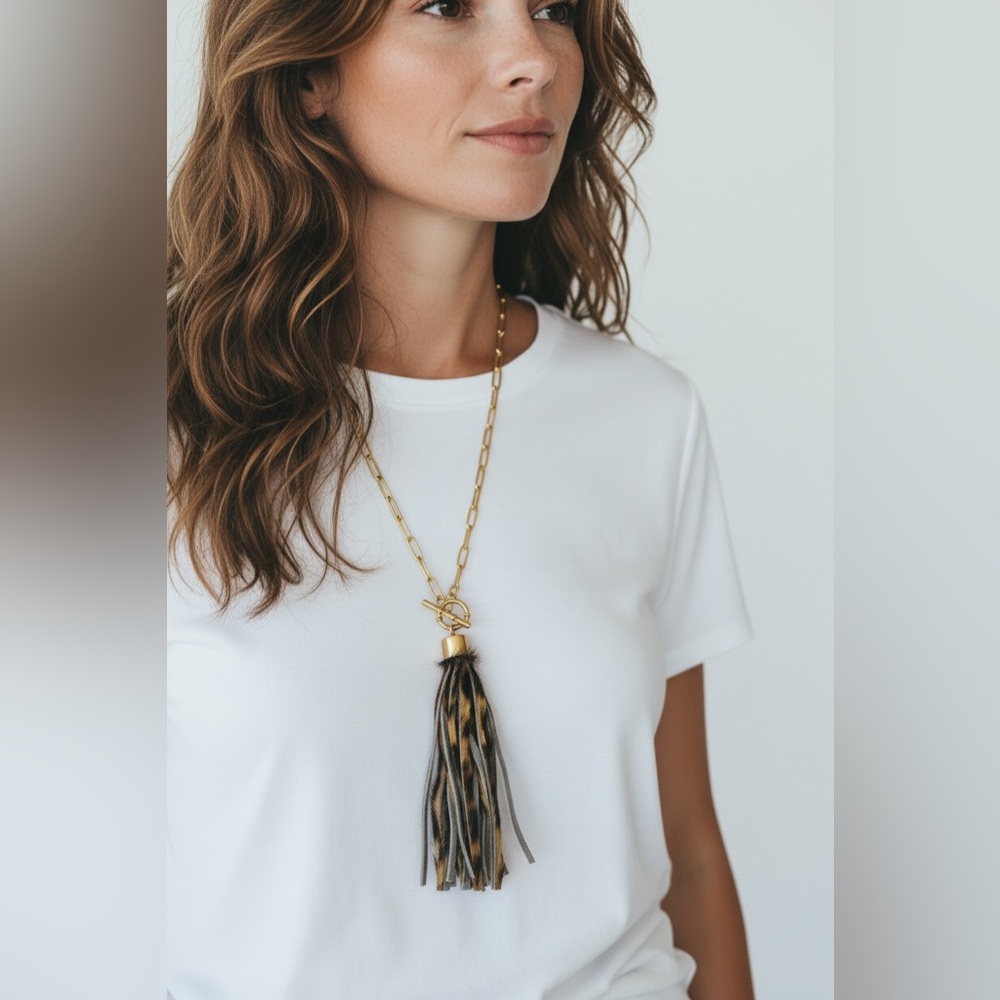 Long Gold Paperclip Chain Leopard Print Leather Tassel Necklace Toggle Clasp